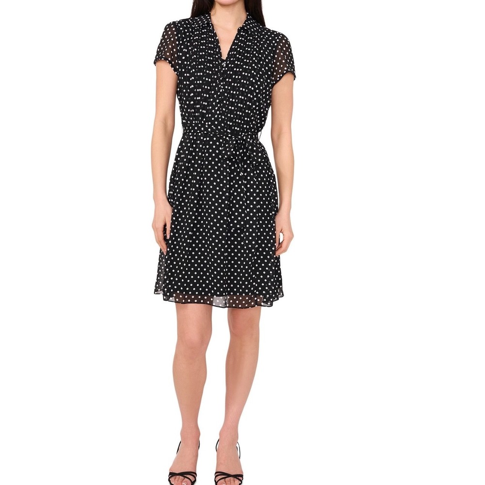 MSK Women 12 Black White Polka Dots Knee-Length Dress V-Neck Tie Waist‎